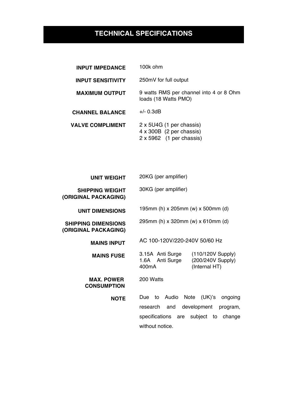 Technical specifications | Audio Note Kegon User Manual | Page 11 / 13