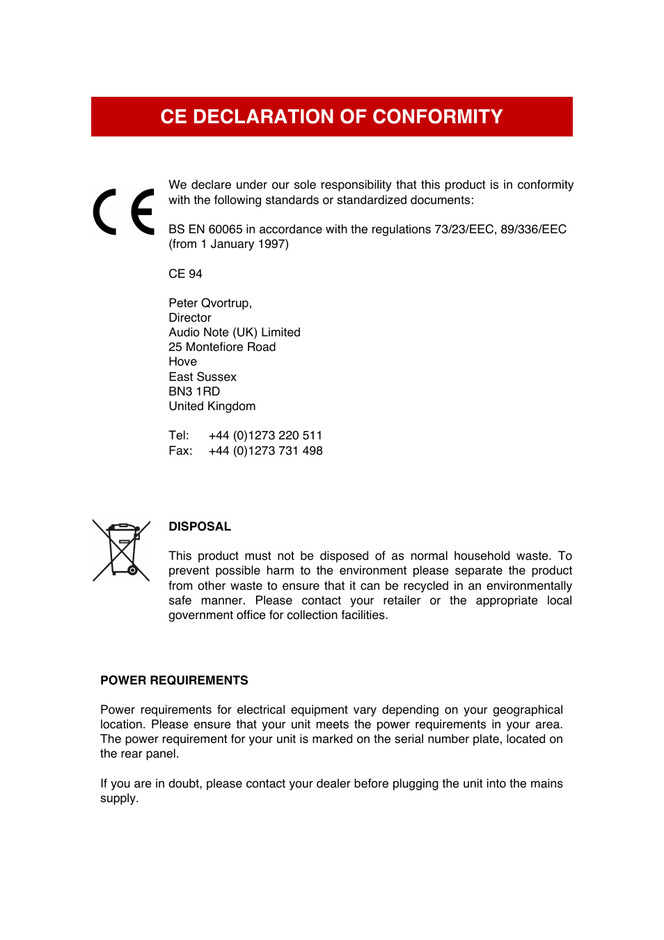 Ce declaration of conformity | Audio Note Kegon User Manual | Page 4 / 13