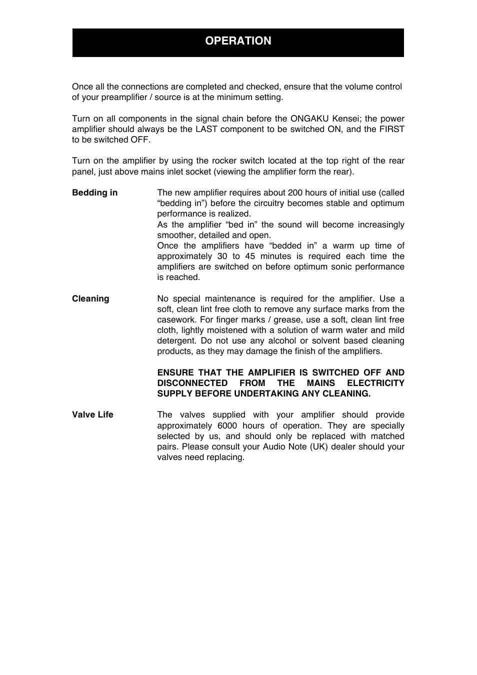 Operation | Audio Note Ongaku Kensei User Manual | Page 13 / 16