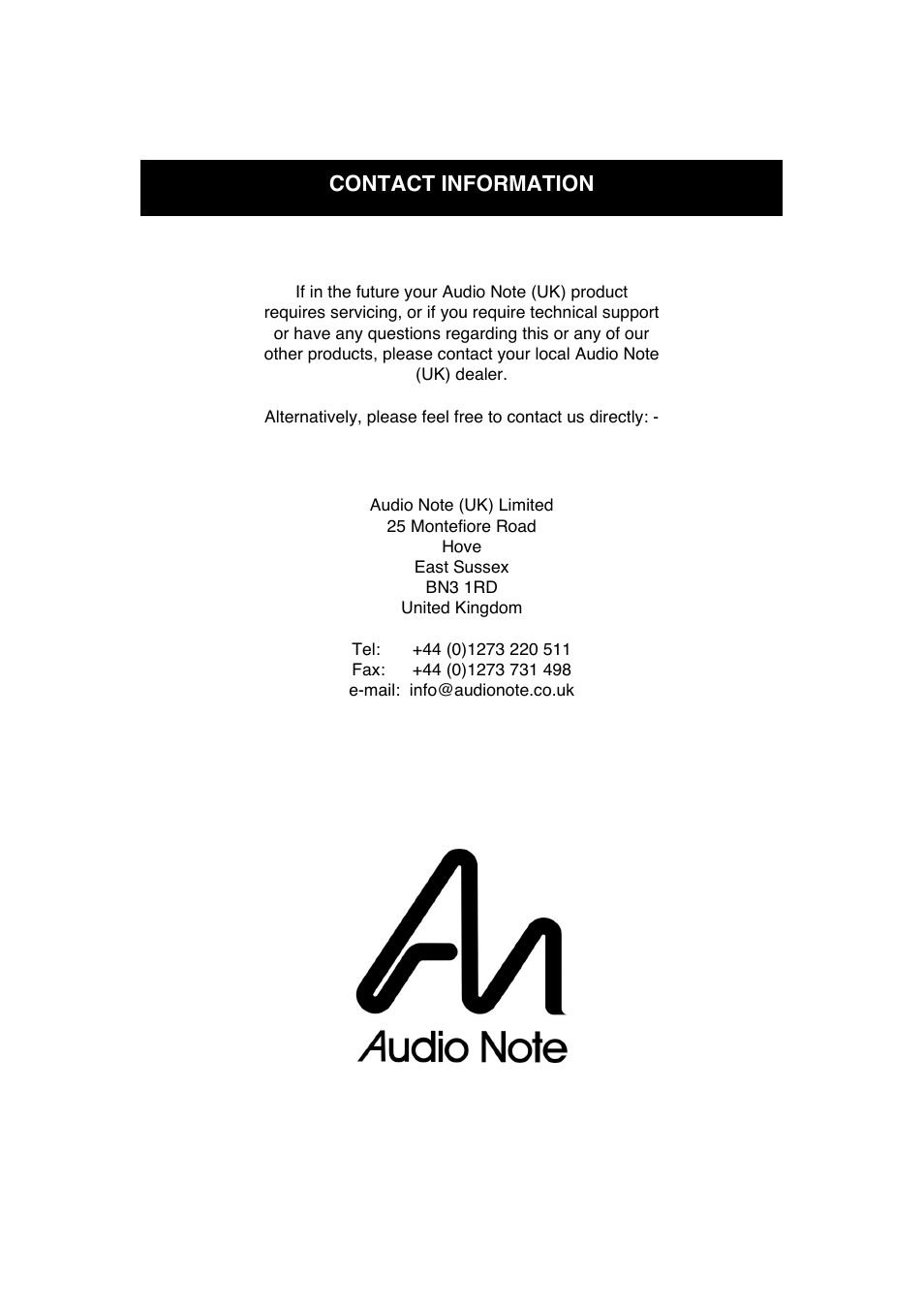 Contact information | Audio Note Ongaku Kensei User Manual | Page 16 / 16