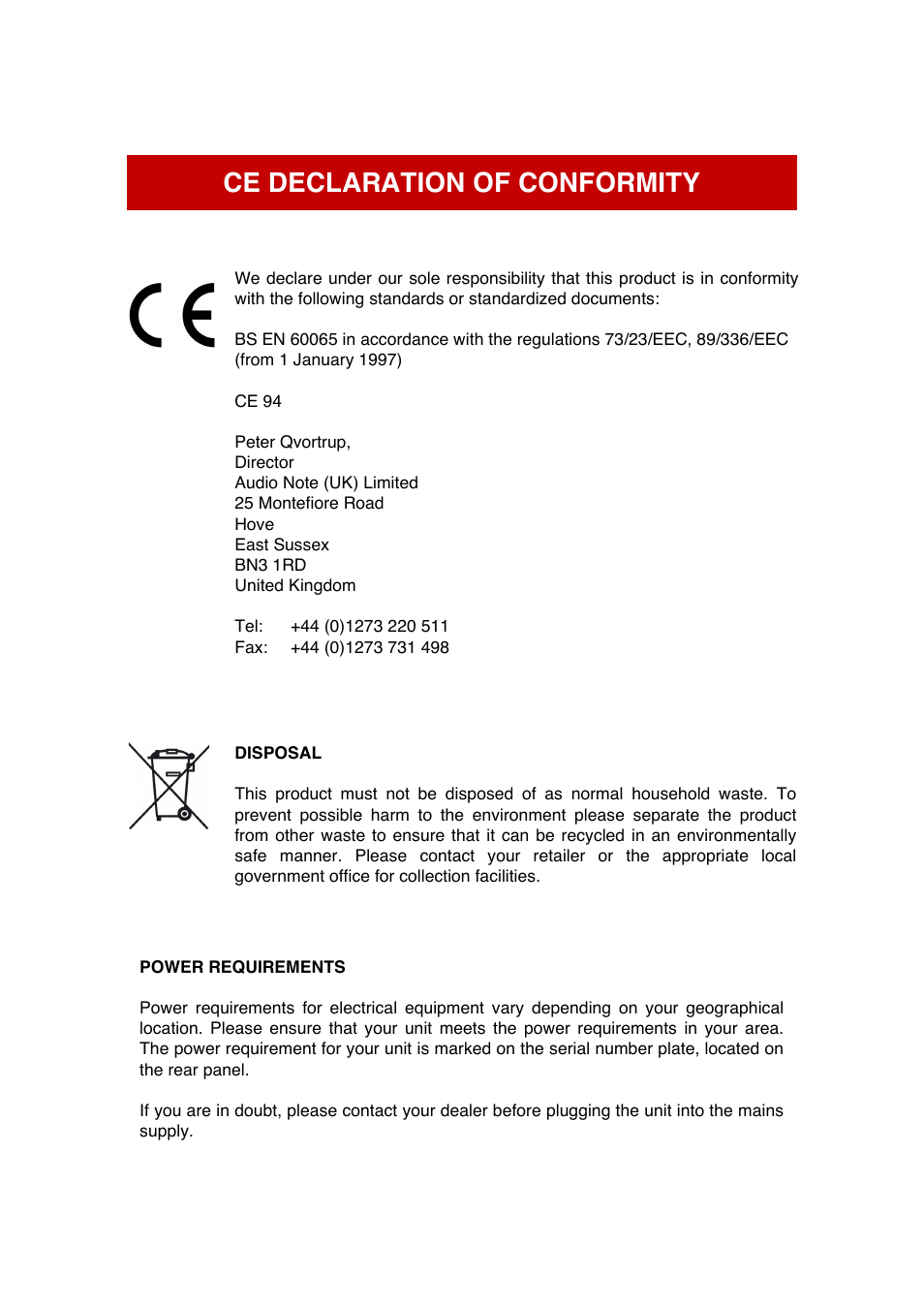 Ce declaration of conformity | Audio Note Ongaku Kensei User Manual | Page 4 / 16