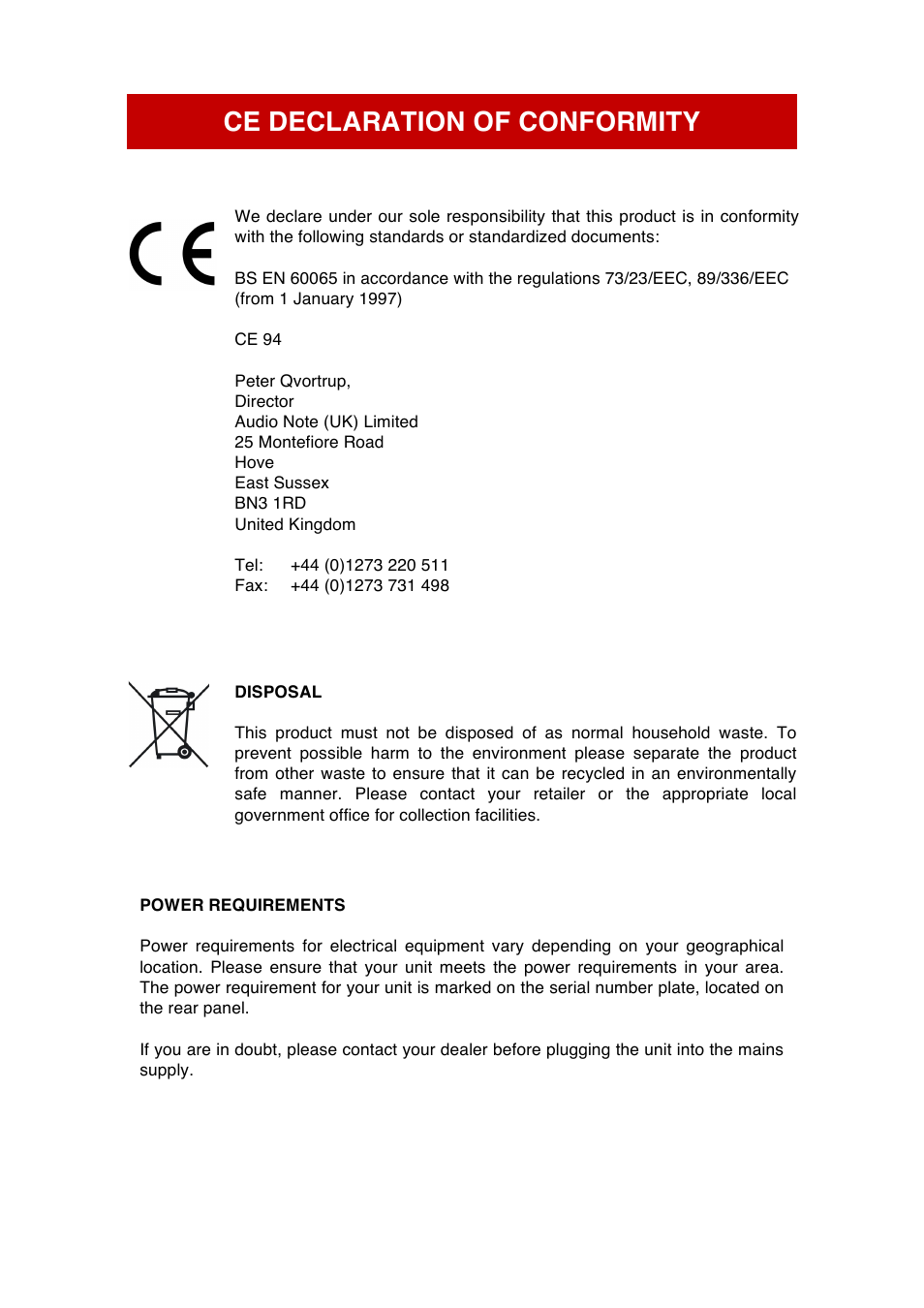 Ce declaration of conformity | Audio Note P1  User Manual | Page 4 / 11
