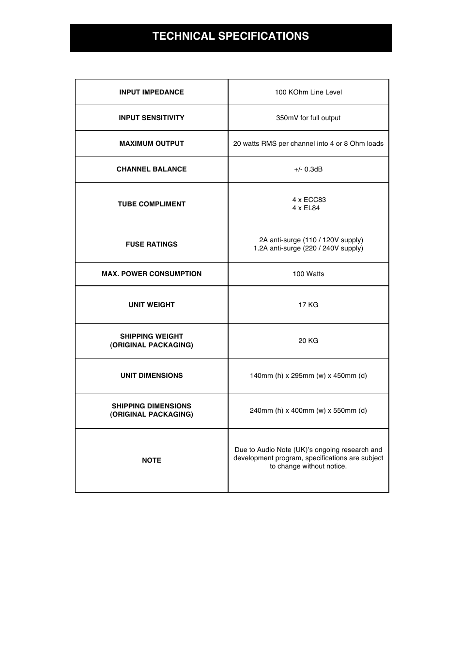 Technical specifications | Audio Note P1  User Manual | Page 9 / 11