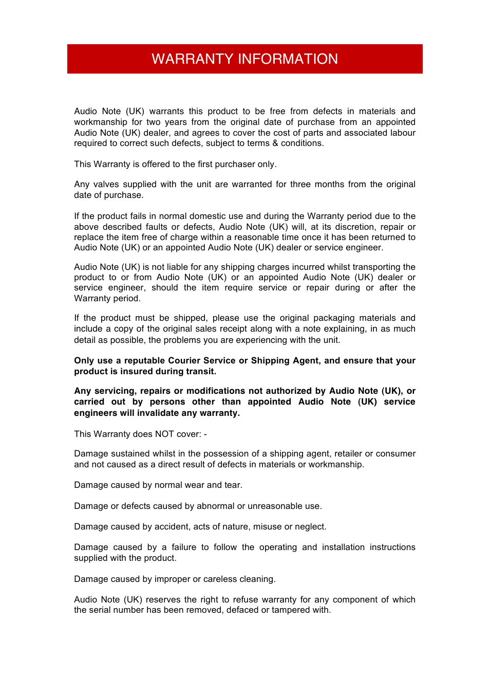 Warranty information | Audio Note P1 SE User Manual | Page 10 / 11