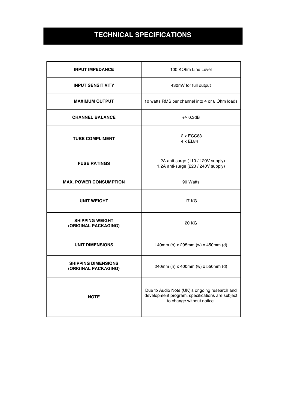 Technical specifications | Audio Note P1 SE User Manual | Page 9 / 11