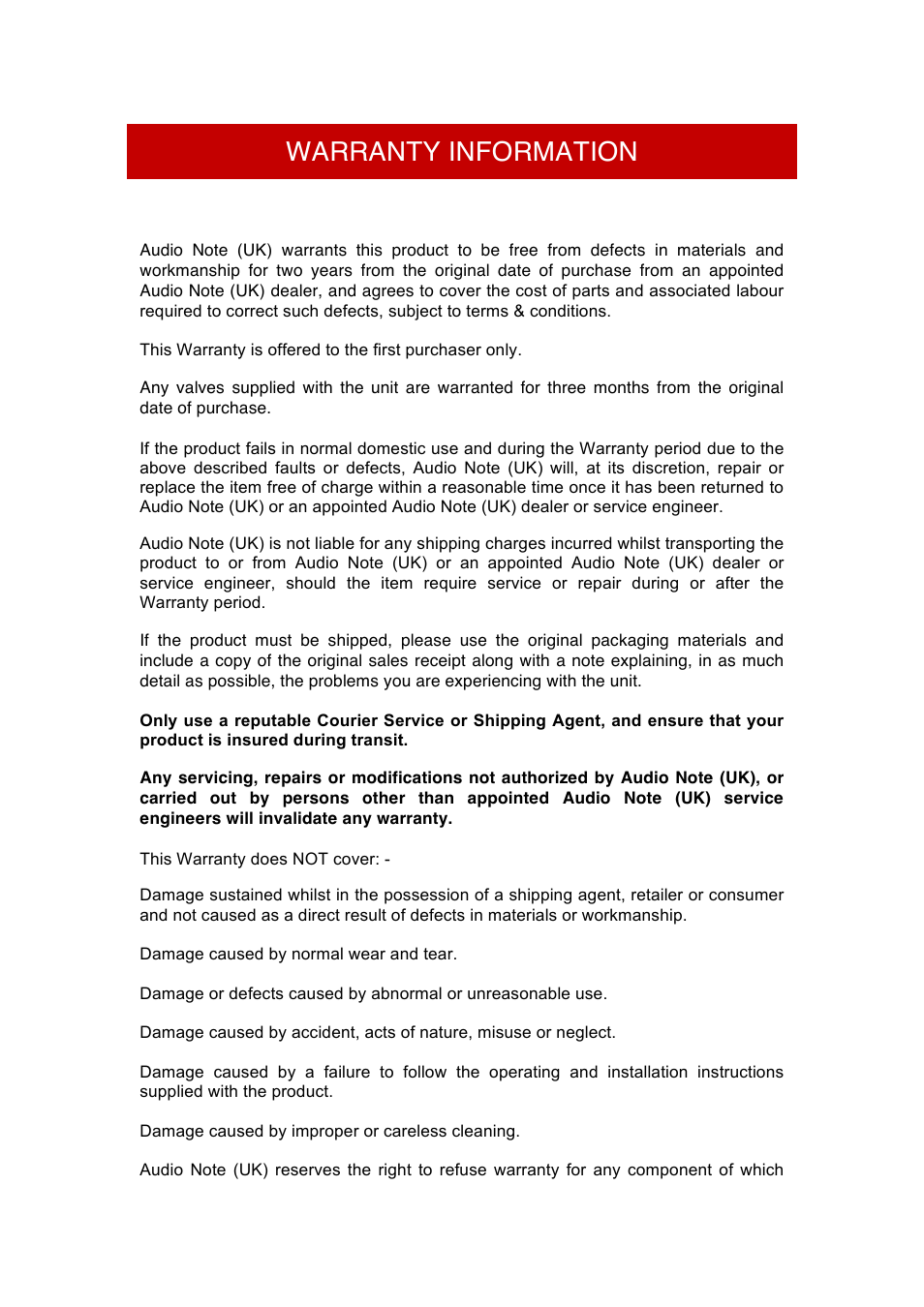 Warranty information | Audio Note P1 SE Signature User Manual | Page 11 / 12