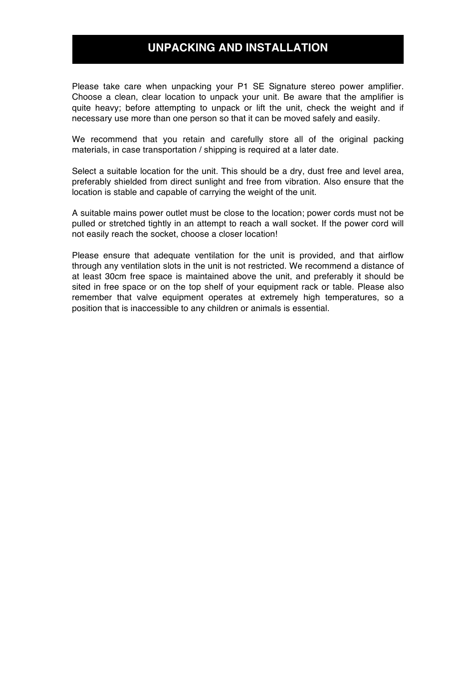 Unpacking and installation | Audio Note P1 SE Signature User Manual | Page 7 / 12