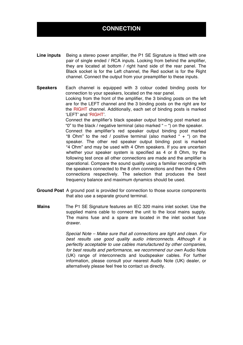 Connection | Audio Note P1 SE Signature User Manual | Page 8 / 12