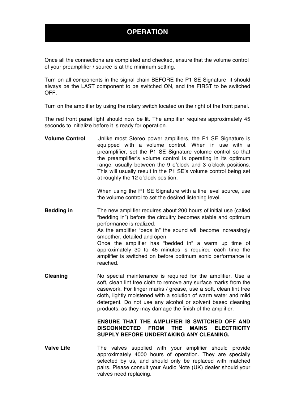 Operation | Audio Note P1 SE Signature User Manual | Page 9 / 12