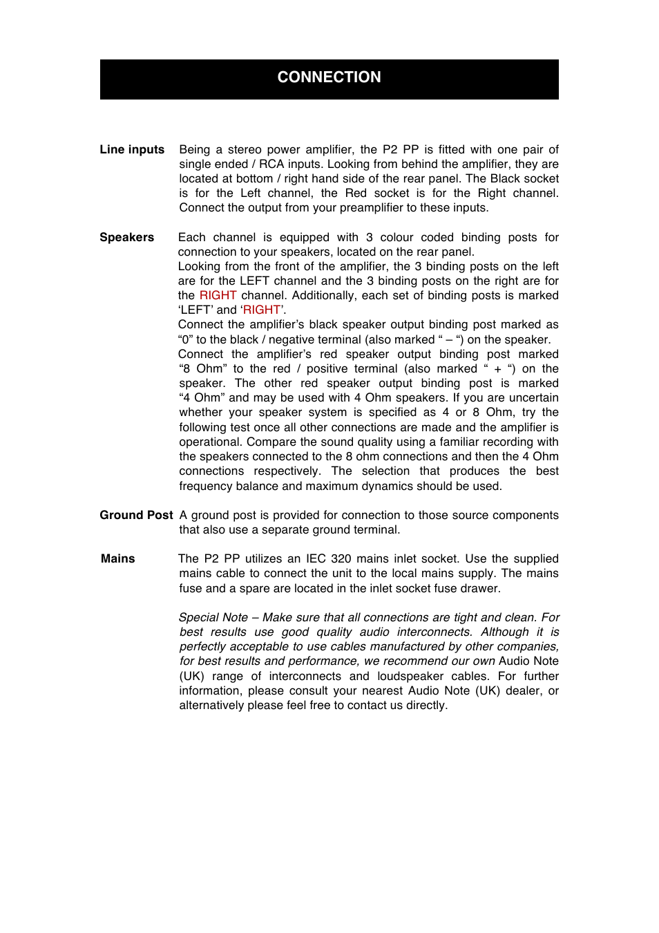 Connection | Audio Note P2 User Manual | Page 7 / 11