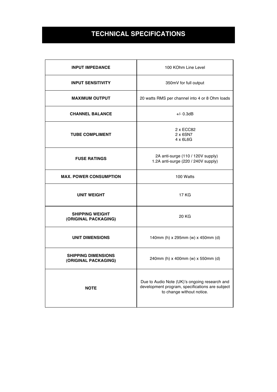 Technical specifications | Audio Note P2 User Manual | Page 9 / 11