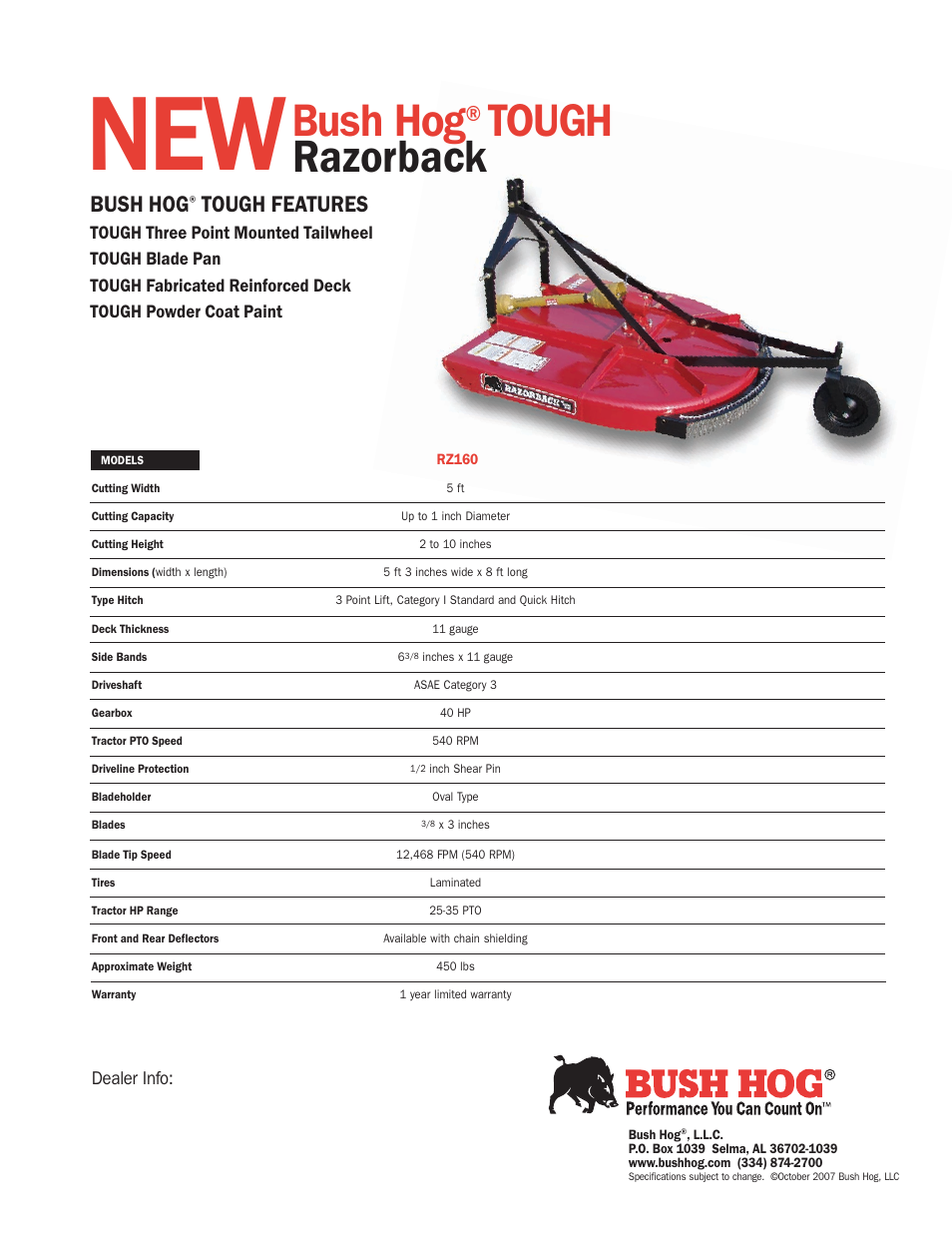 Razorback, Bush hog, Tough | Tough features | Bush Hog Razorback RZ160 User Manual | Page 2 / 2