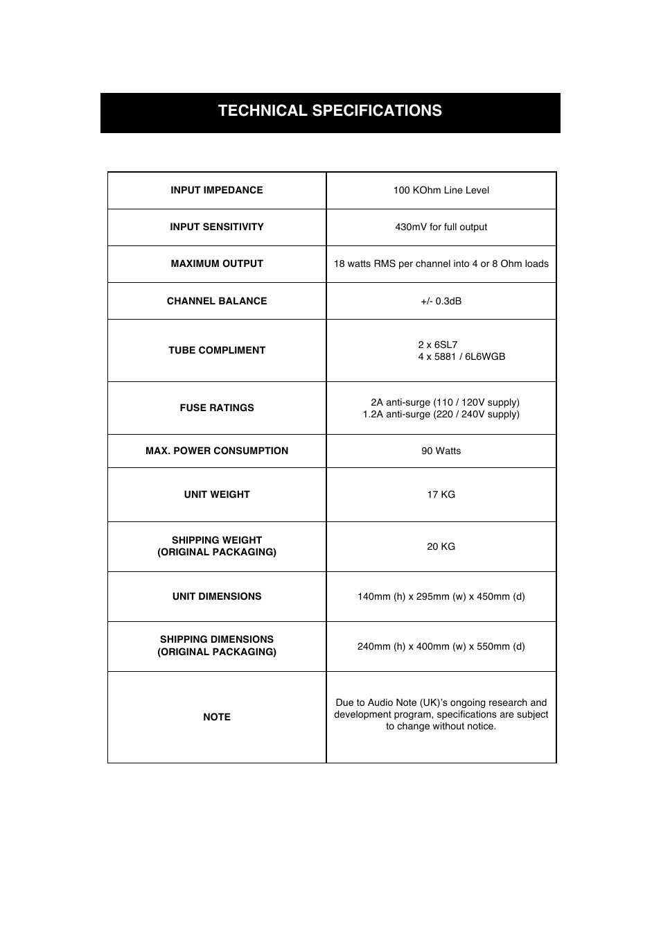 Technical specifications | Audio Note P2 SE Signature  User Manual | Page 10 / 12
