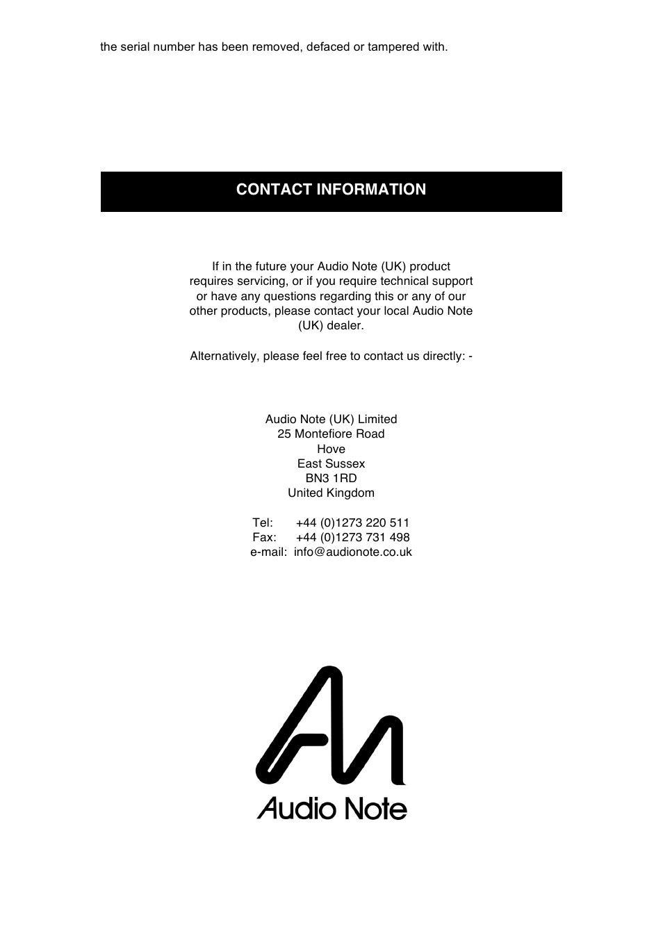 Contact information | Audio Note P2 SE Signature  User Manual | Page 12 / 12
