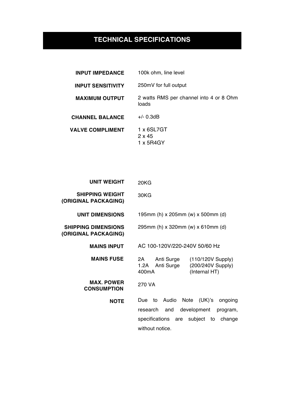 Technical specifications | Audio Note Paladin User Manual | Page 11 / 13