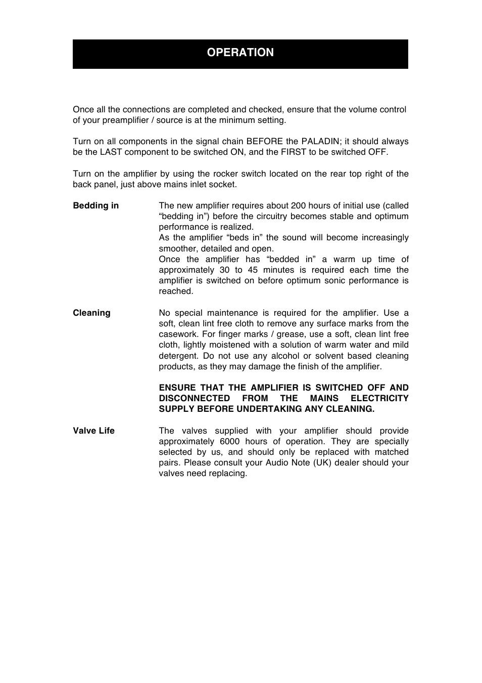 Operation | Audio Note Paladin Silver Signature User Manual | Page 10 / 13