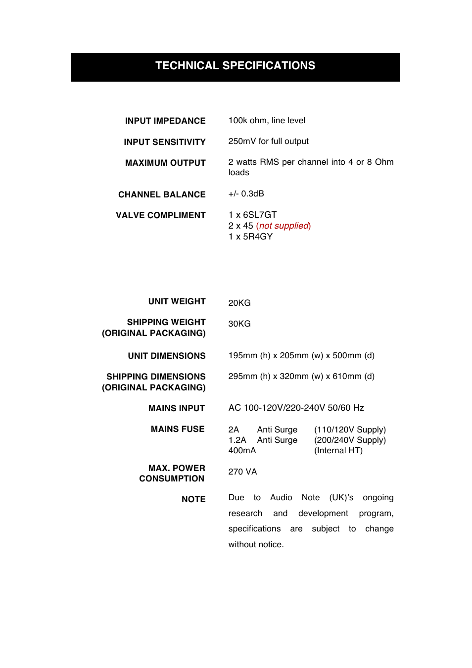 Technical specifications | Audio Note Paladin Silver Signature User Manual | Page 11 / 13
