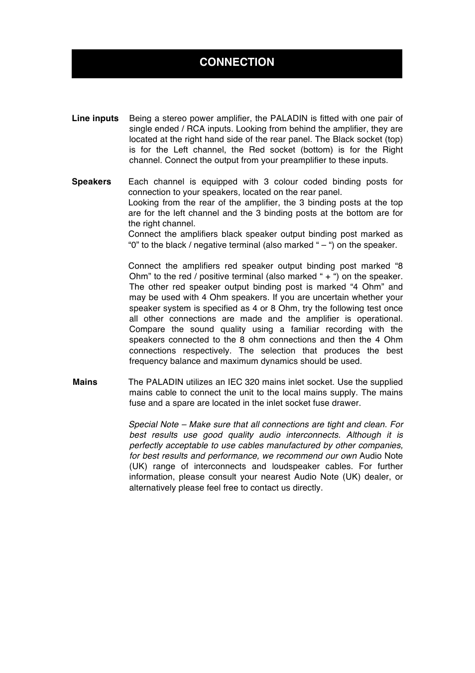 Connection | Audio Note Paladin Silver Signature User Manual | Page 9 / 13