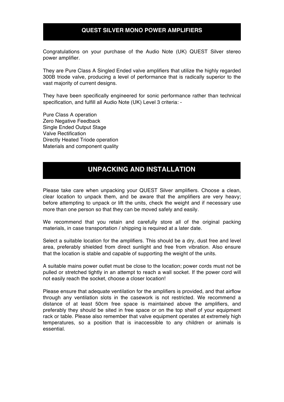 Unpacking and installation | Audio Note Quest Silver User Manual | Page 6 / 12