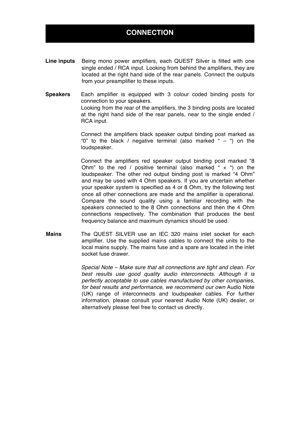 Connection | Audio Note Quest Silver User Manual | Page 8 / 12