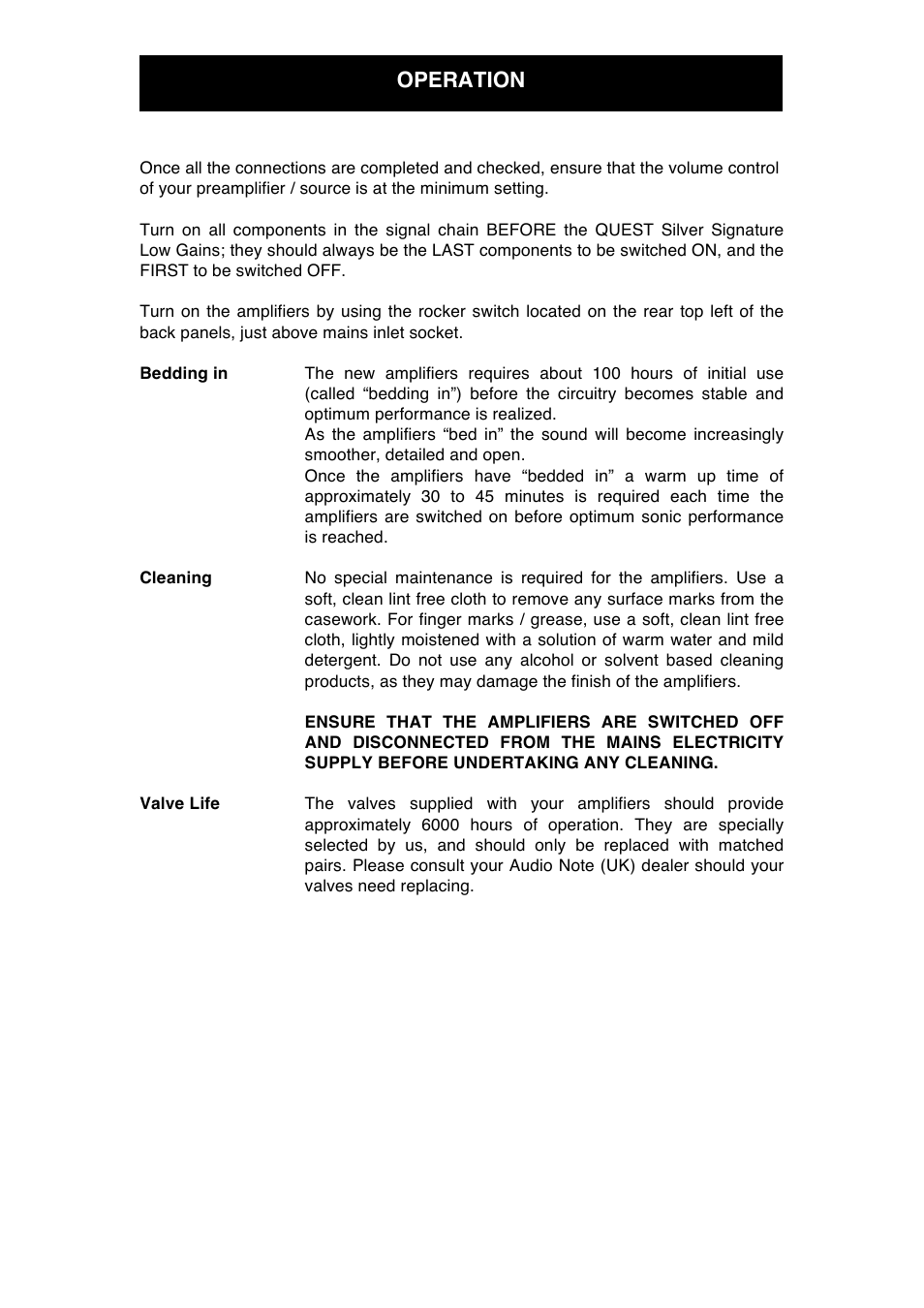 Operation | Audio Note Quest Silver Signature Low Gain User Manual | Page 10 / 13