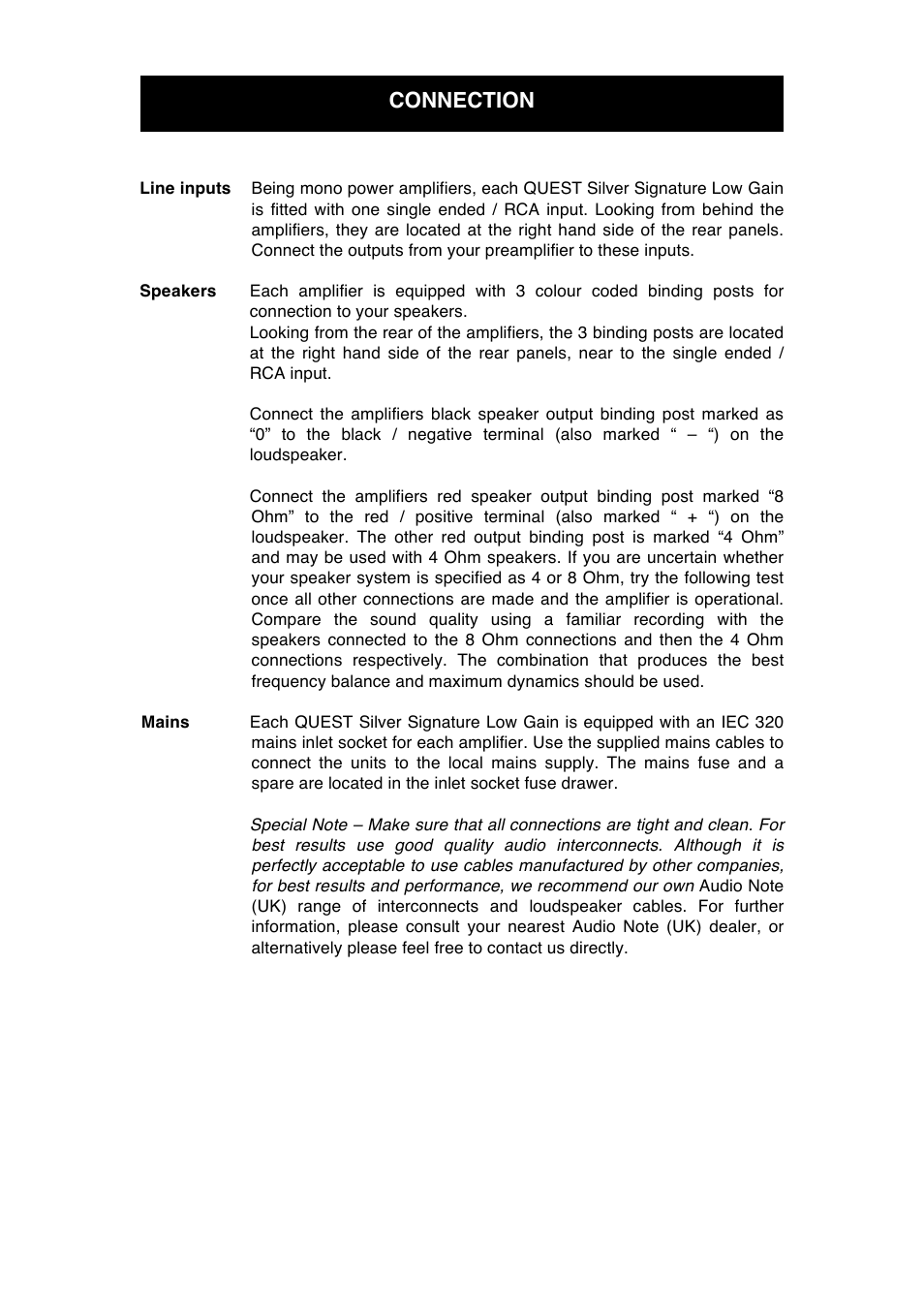 Connection | Audio Note Quest Silver Signature Low Gain User Manual | Page 9 / 13
