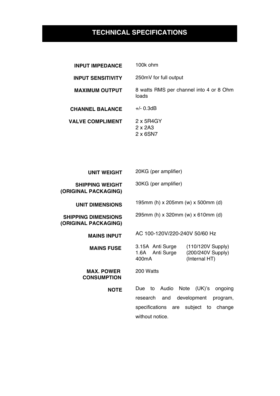 Technical specifications | Audio Note Shinri User Manual | Page 11 / 13