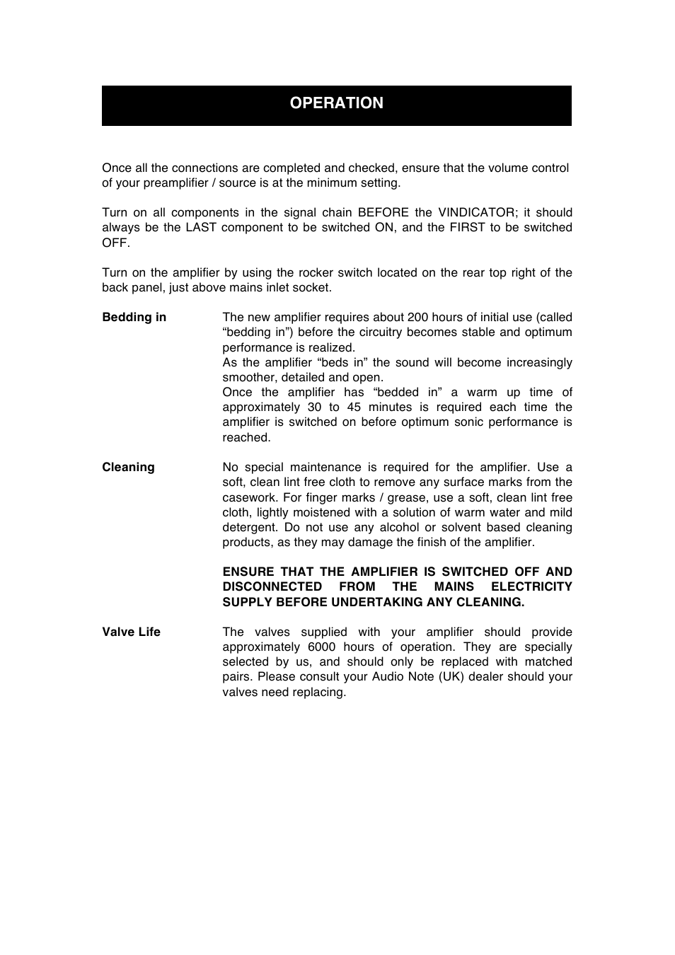 Operation | Audio Note Vindicator User Manual | Page 9 / 12
