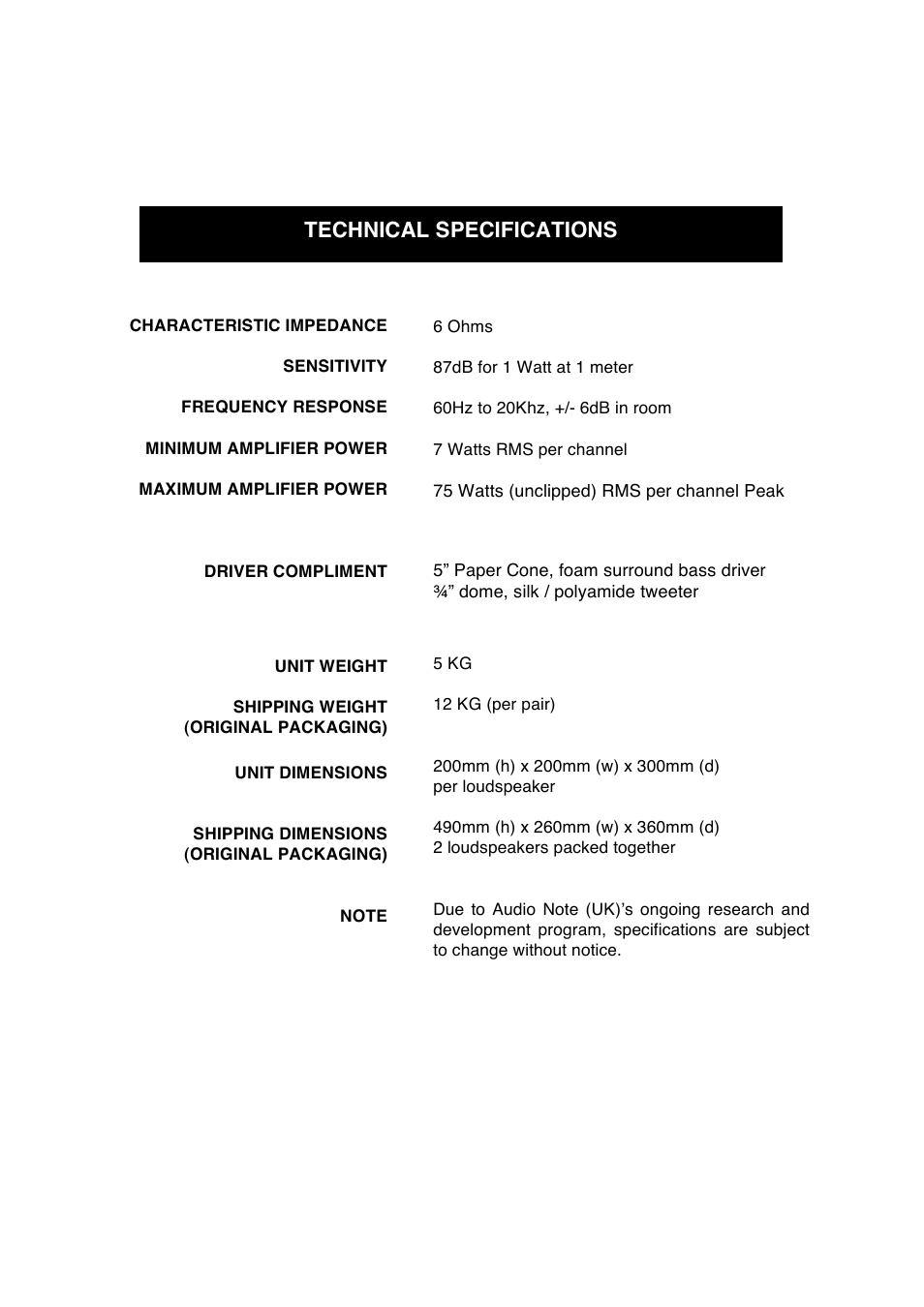 Technical specifications | Audio Note AX-One Speaker User Manual | Page 10 / 12