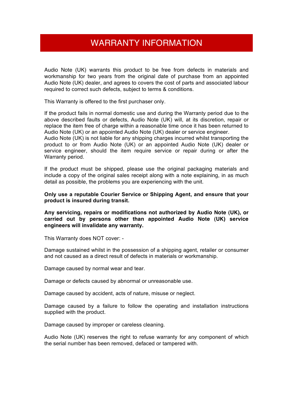 Warranty information | Audio Note AX-One Speaker User Manual | Page 11 / 12