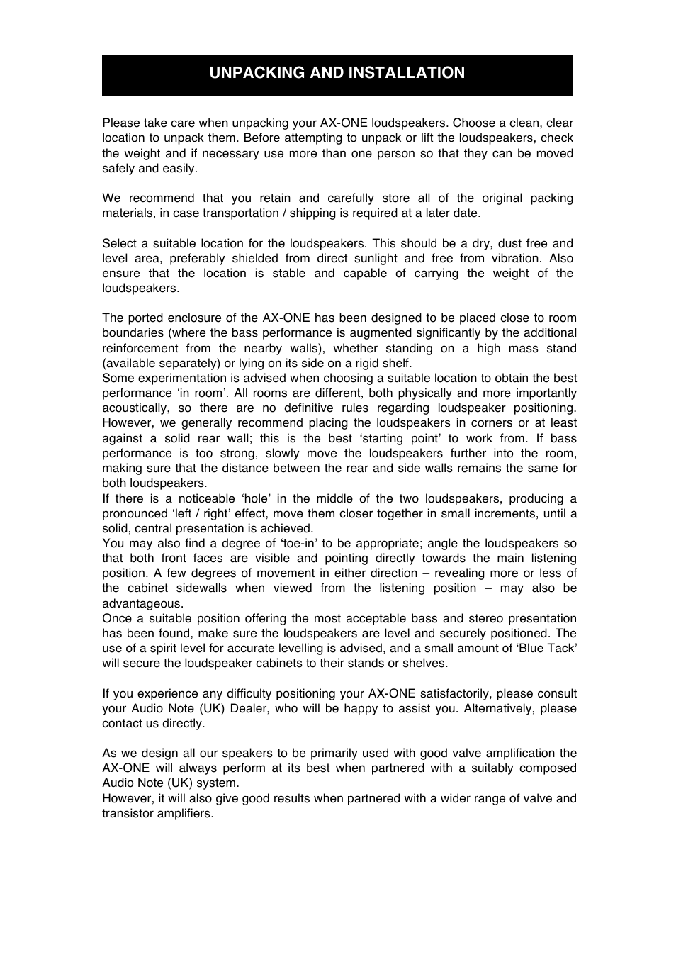 Unpacking and installation | Audio Note AX-One Speaker User Manual | Page 6 / 12