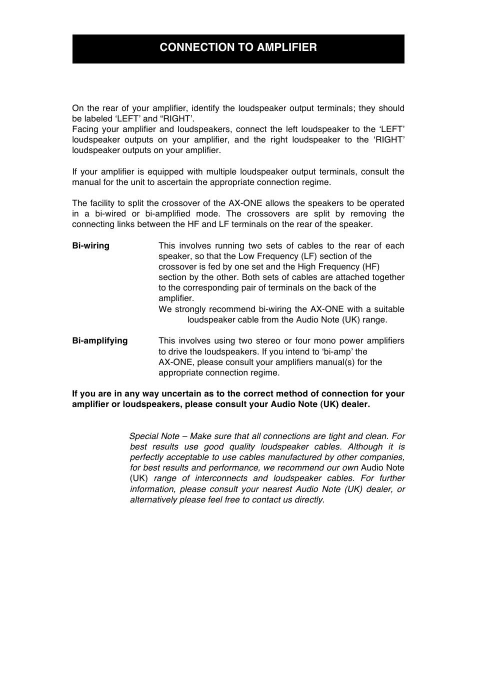 Connection to amplifier | Audio Note AX-One Speaker User Manual | Page 8 / 12