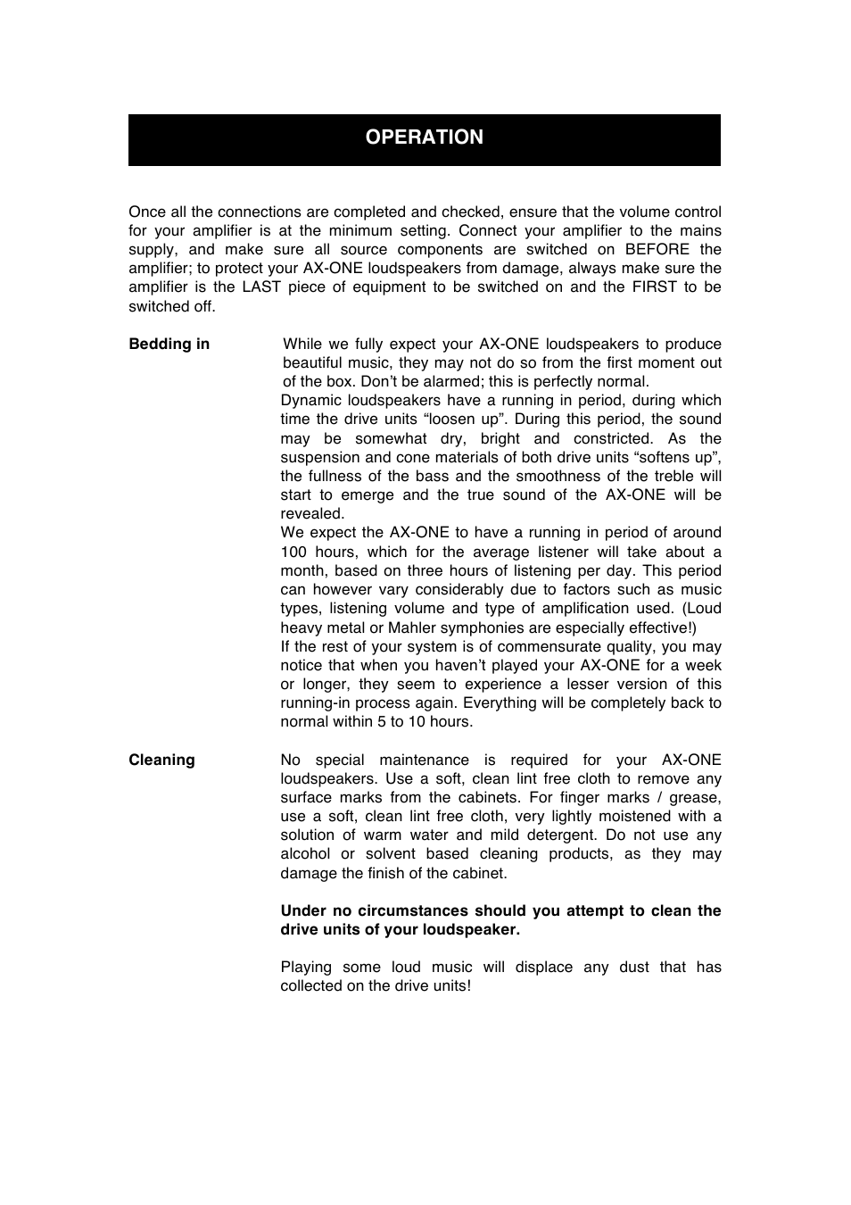 Operation | Audio Note AX-One Speaker User Manual | Page 9 / 12