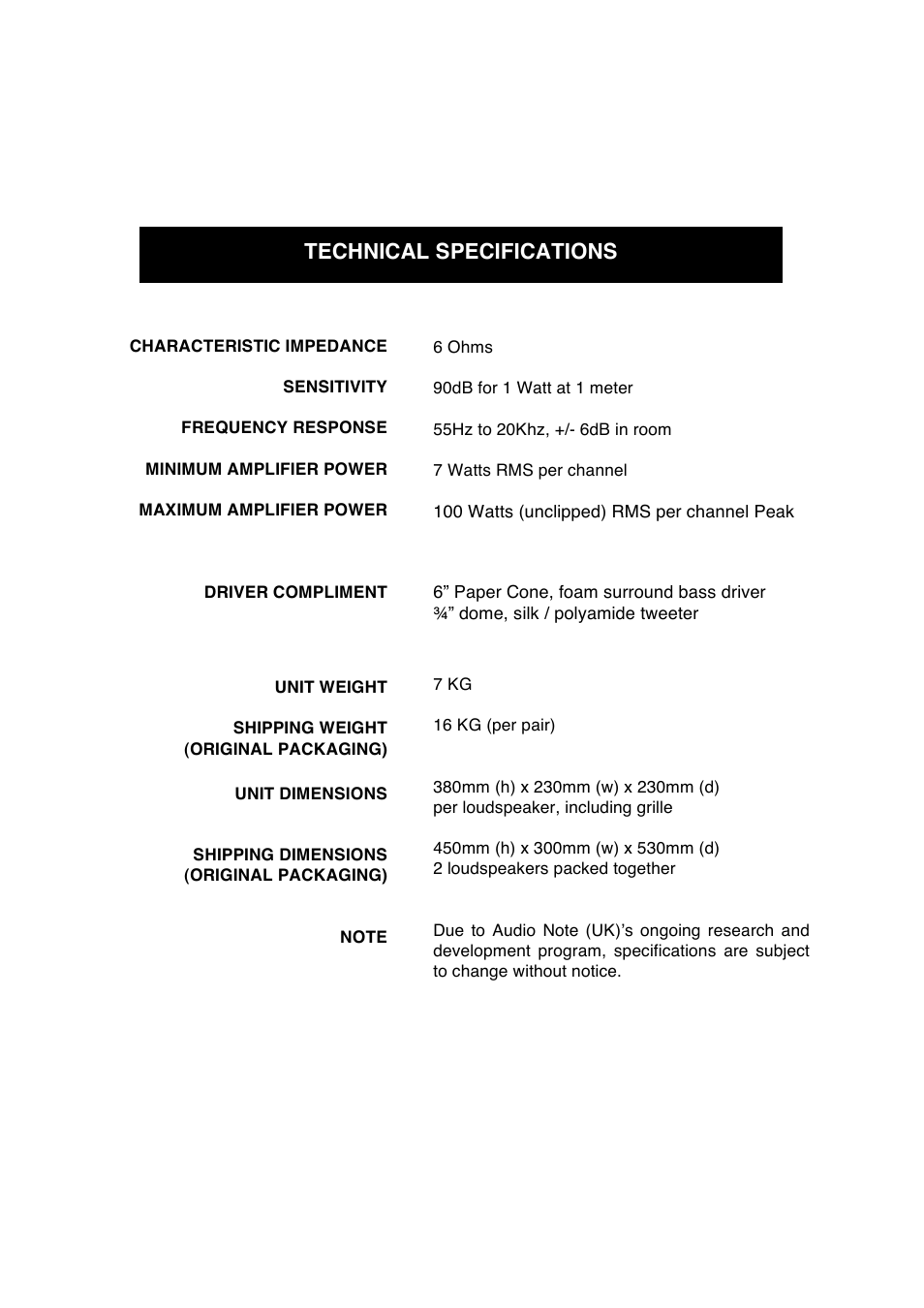 Technical specifications | Audio Note AX-Two Speaker User Manual | Page 10 / 12