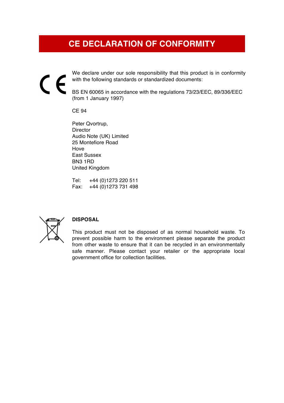 Ce declaration of conformity | Audio Note AX-Two Speaker User Manual | Page 3 / 12