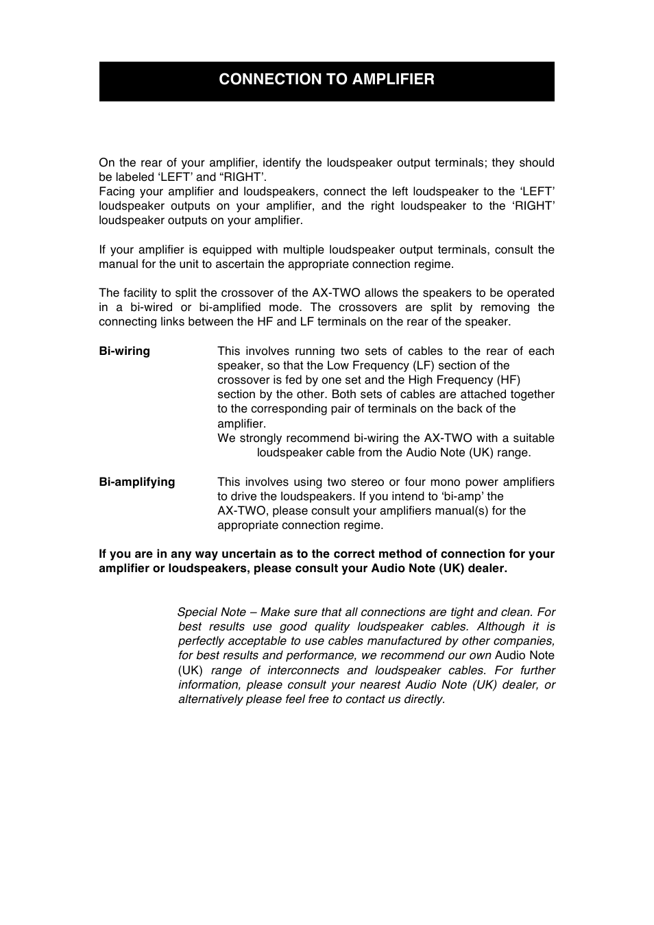 Connection to amplifier | Audio Note AX-Two Speaker User Manual | Page 8 / 12