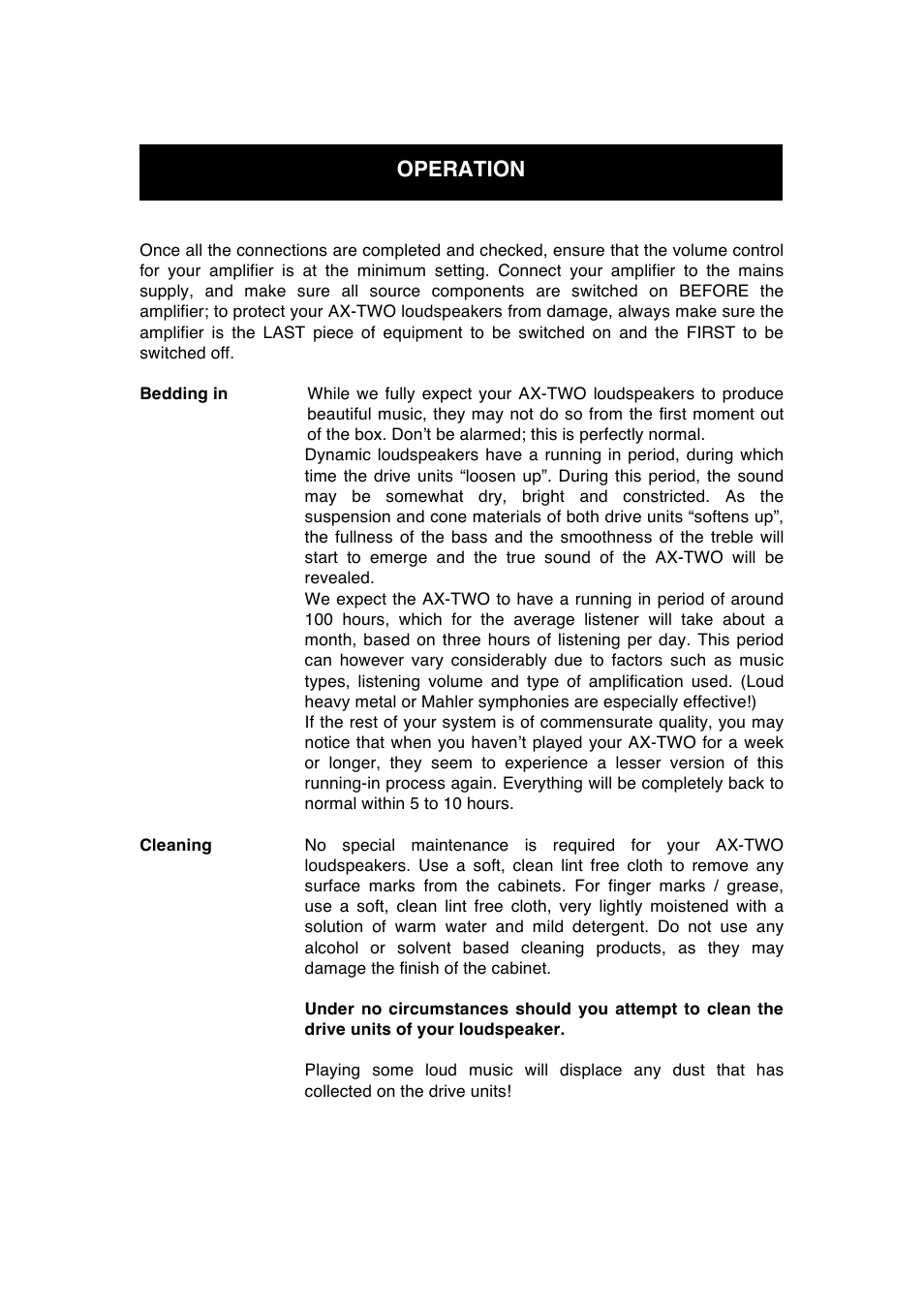 Operation | Audio Note AX-Two Speaker User Manual | Page 9 / 12