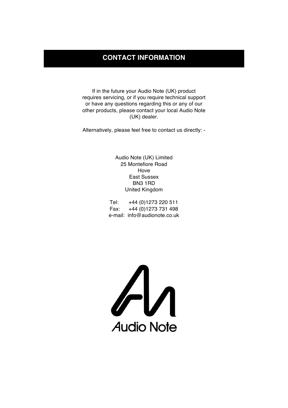 Contact information | Audio Note AZ-Two Speaker User Manual | Page 14 / 14