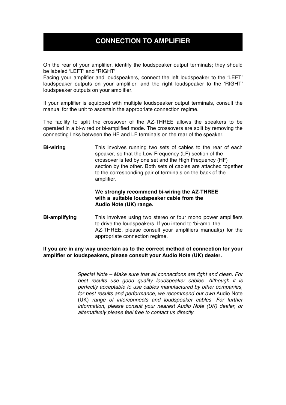 Connection to amplifier | Audio Note AZ-Three Speaker User Manual | Page 10 / 14