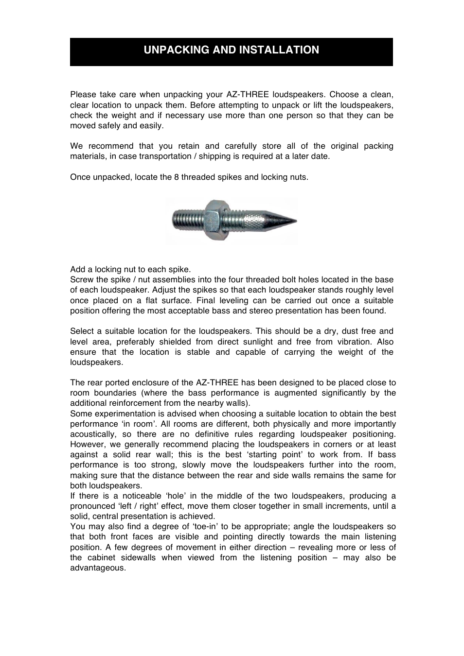 Unpacking and installation | Audio Note AZ-Three Speaker User Manual | Page 7 / 14