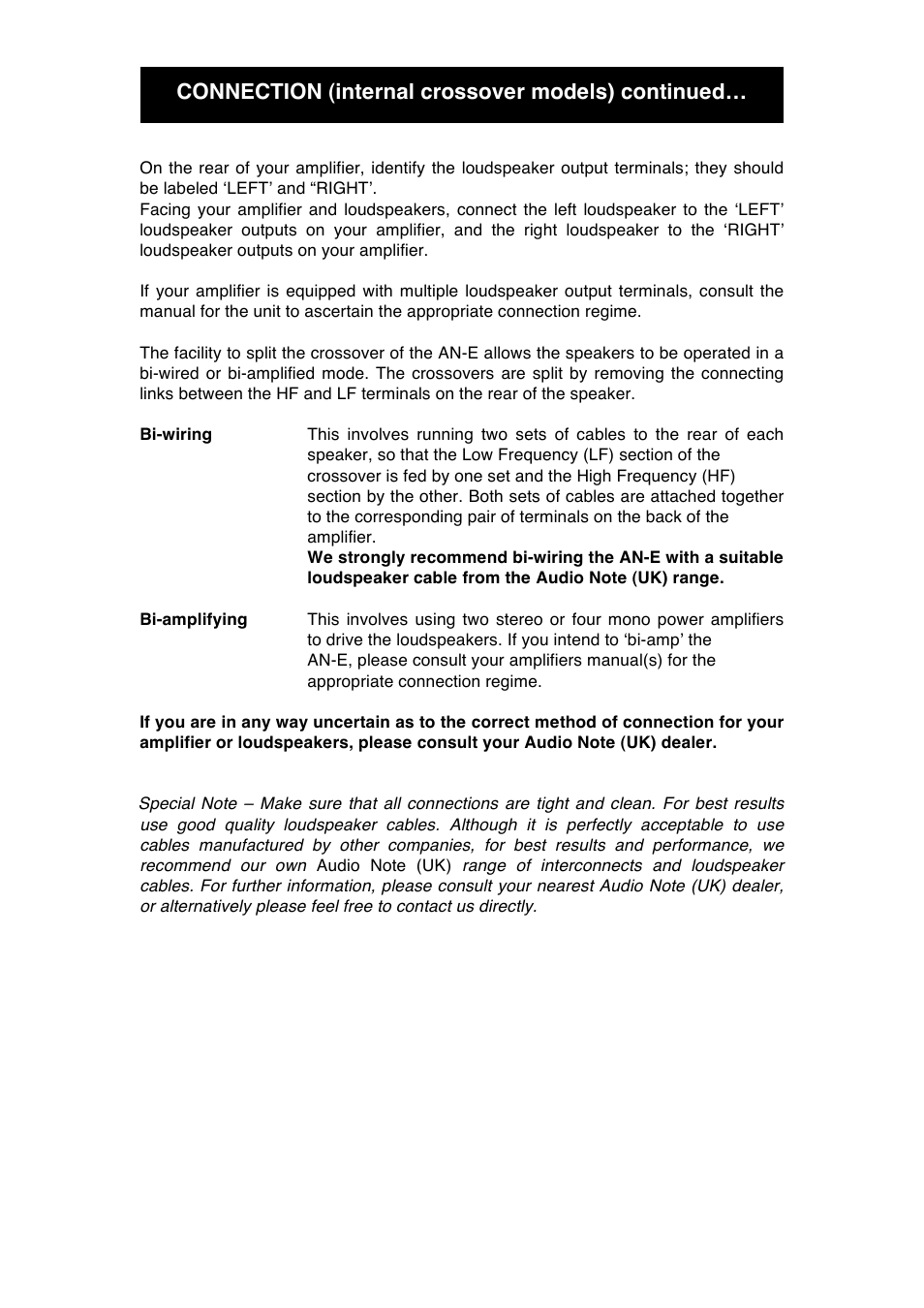 Connection (internal crossover models) continued | Audio Note AN-E User Manual | Page 10 / 16