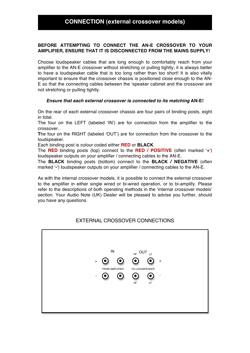 Connection (external crossover models), External crossover connections | Audio Note AN-E User Manual | Page 11 / 16