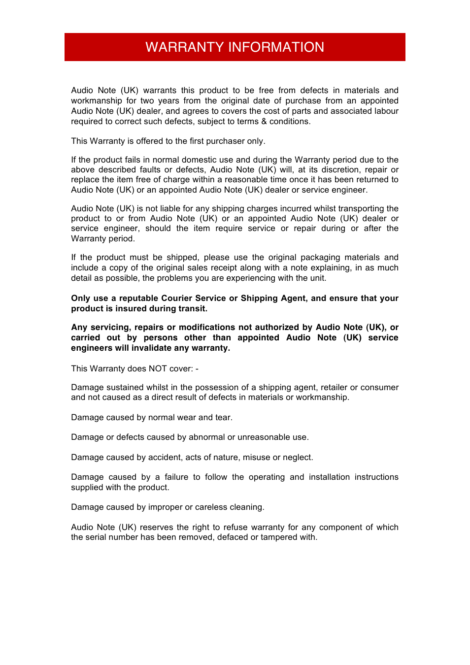 Warranty information | Audio Note AN-E User Manual | Page 15 / 16