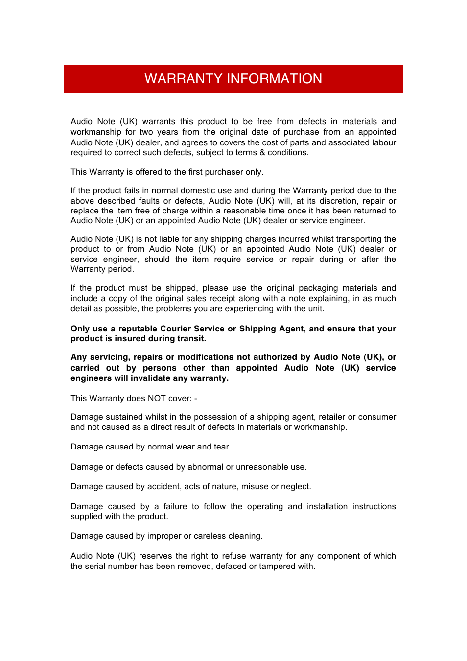 Warranty information | Audio Note AN-J User Manual | Page 13 / 14