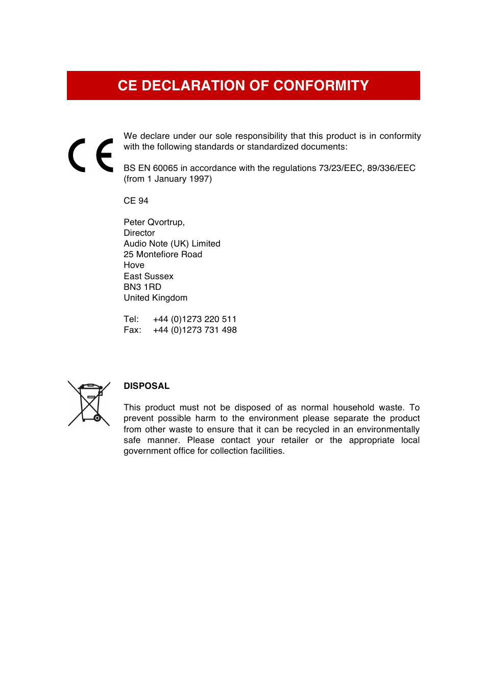 Ce declaration of conformity | Audio Note AN-K User Manual | Page 3 / 14