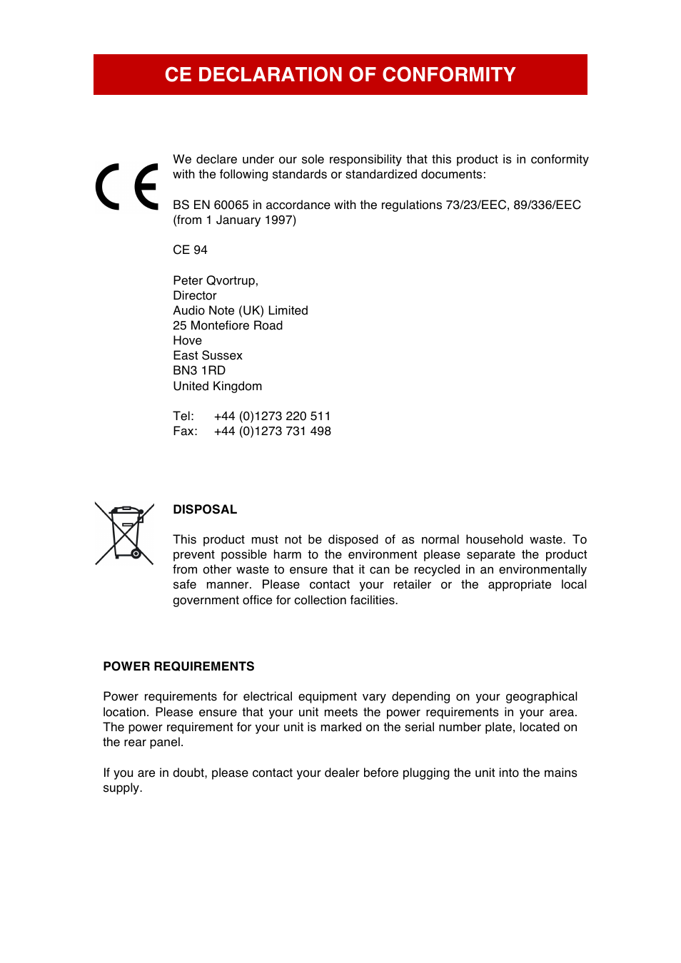 Ce declaration of conformity | Audio Note AN-S1 User Manual | Page 4 / 9