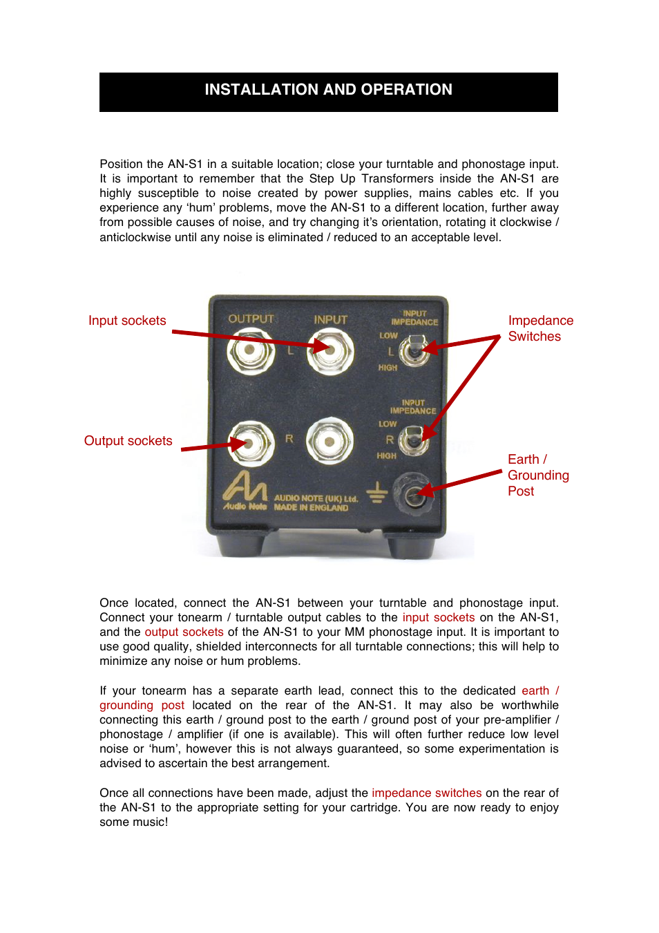 Installation and operation | Audio Note AN-S1 User Manual | Page 7 / 9