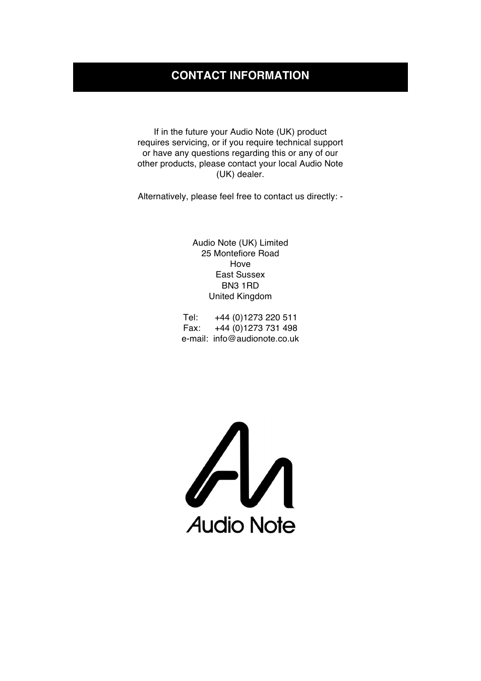 Contact information | Audio Note AN-S1 User Manual | Page 9 / 9