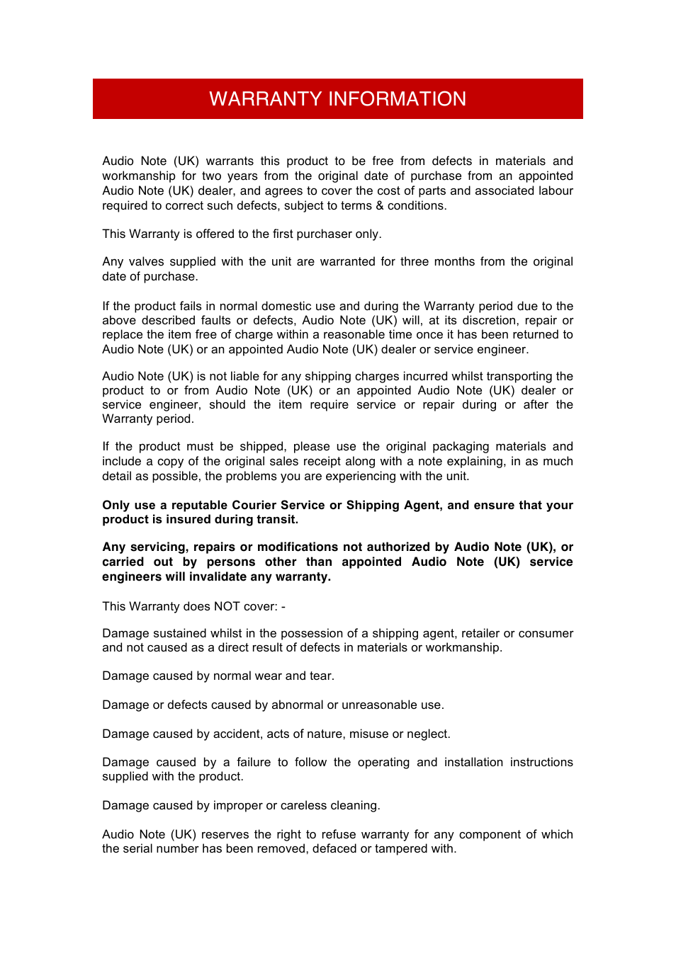 Warranty information | Audio Note AN-S2 User Manual | Page 8 / 9