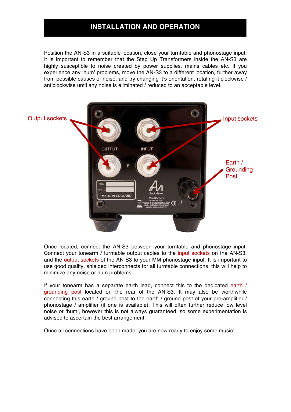 Installation and operation | Audio Note AN-S3 User Manual | Page 7 / 9